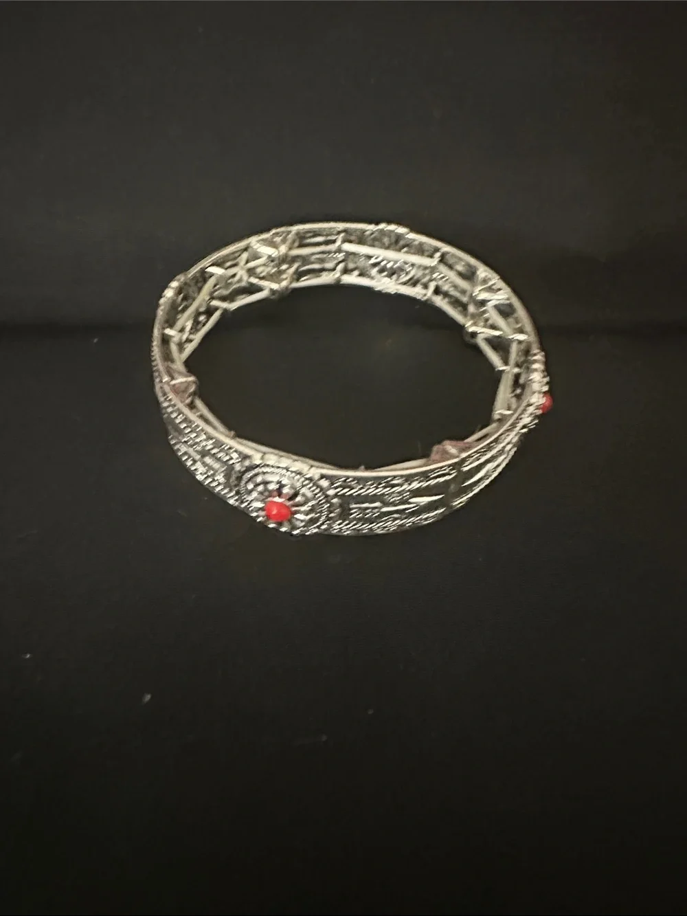 Silver Filigree Bangle Bracelet with Red Accent